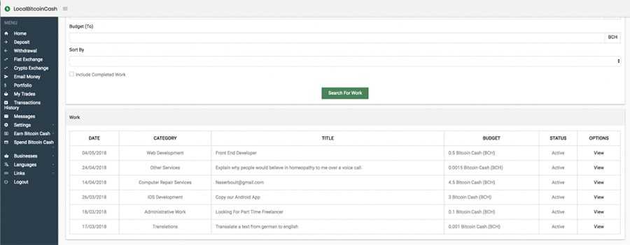 Search for Work Local Bitcoin Cash