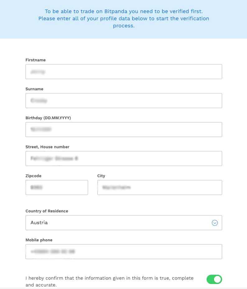 Verification of Account at BitPanda