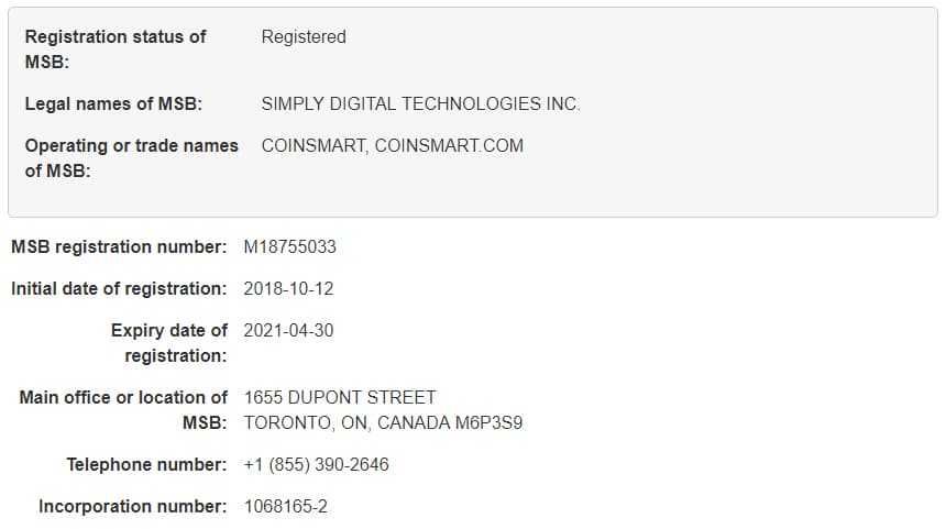 Coinsmart MSB Licence