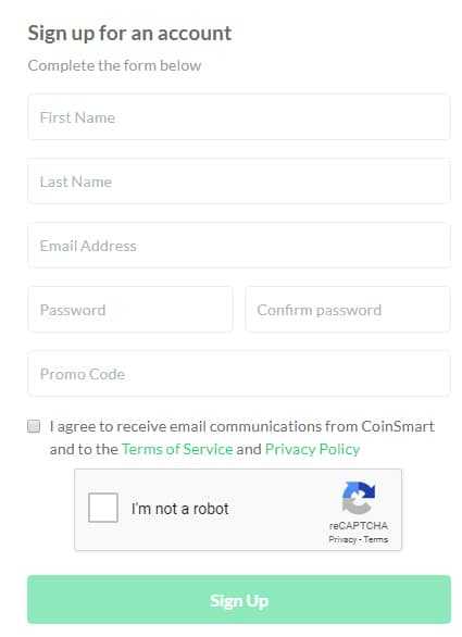 Signup form on Coinsmart