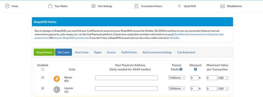 Coin Acceptance Settings on CoinPayments