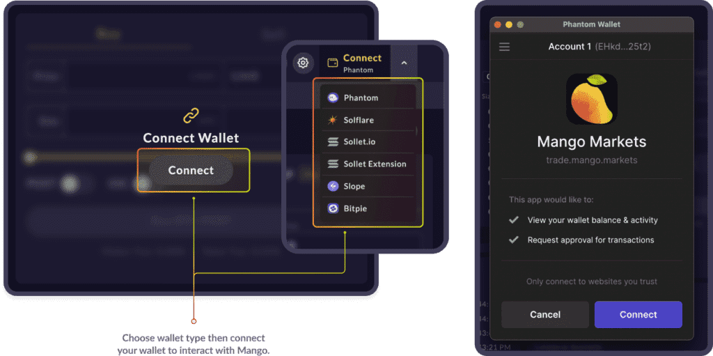 Connecting Solana Wallet via Mango Markets