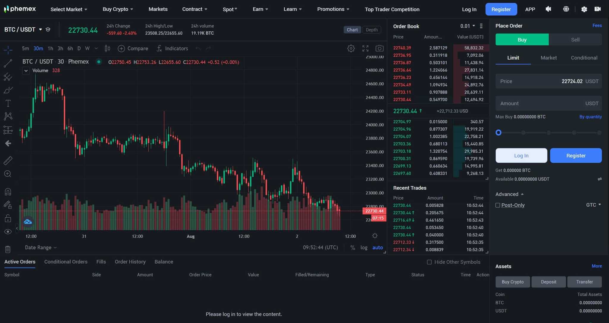 phemex spot trading interface