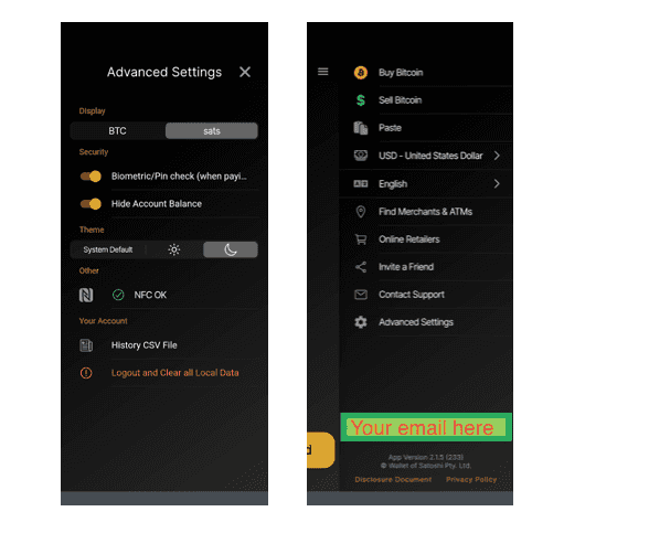 Menu and Setting options Satoshi Wallet