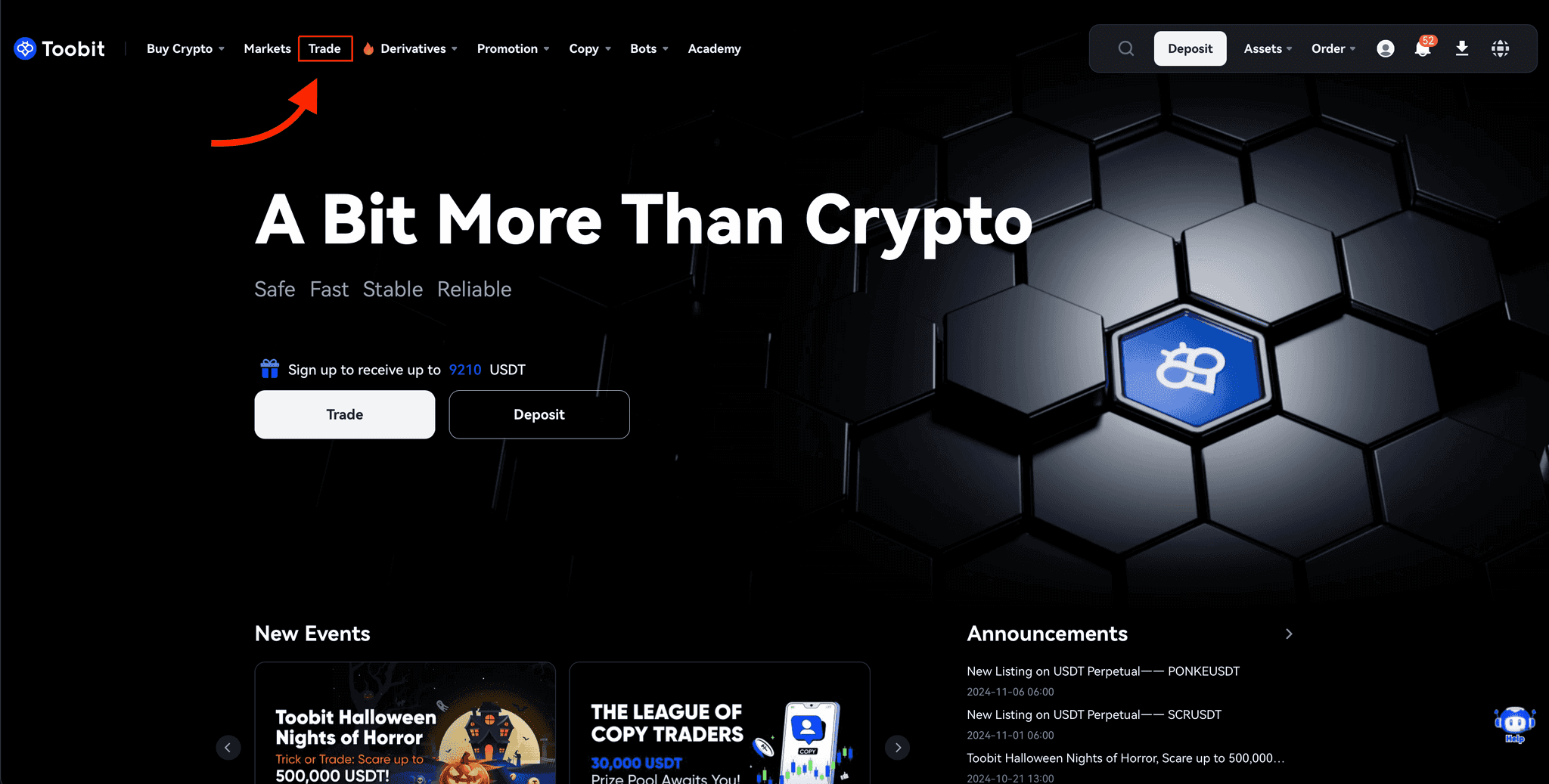 Trade Section on Toobit