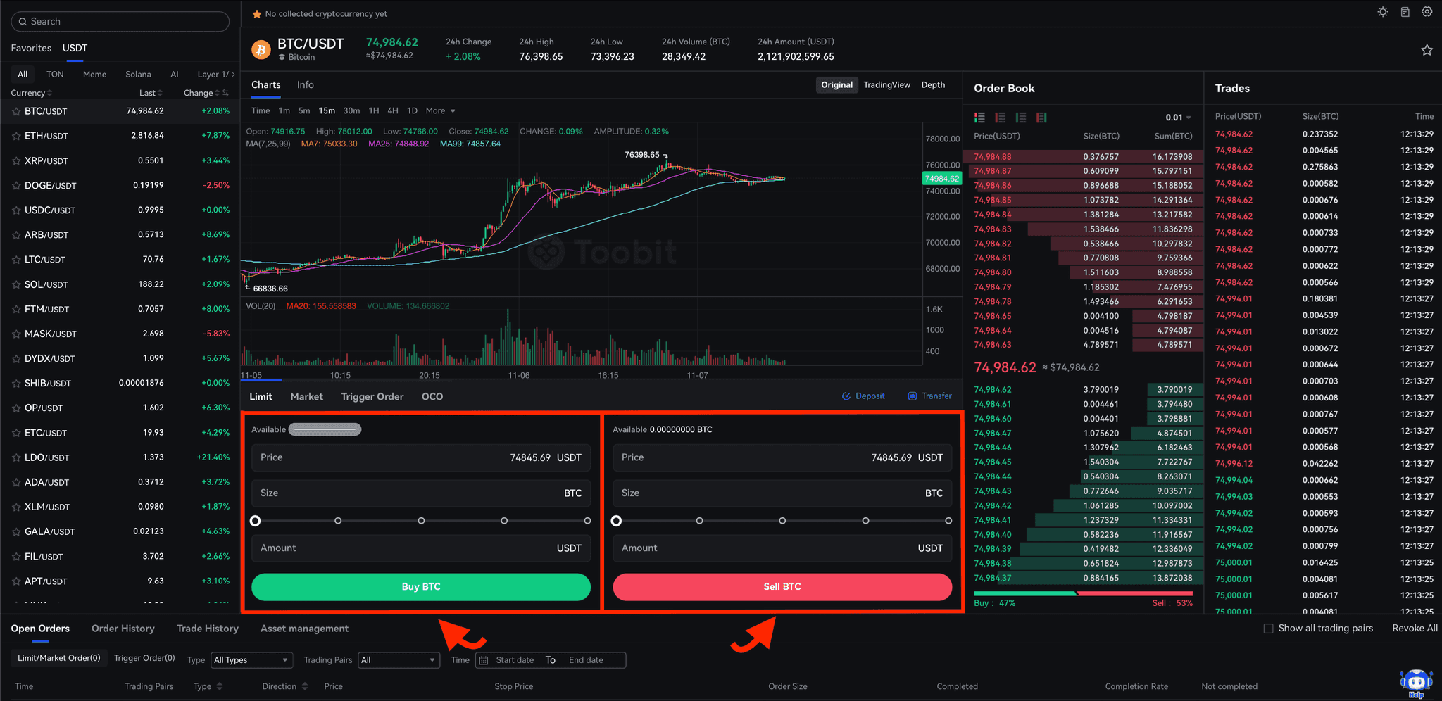 Buy and Sell Orders on Toobit
