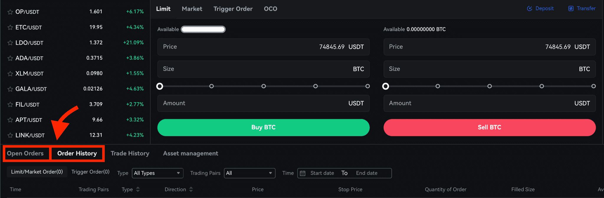 Open Orders and Order History on Toobit