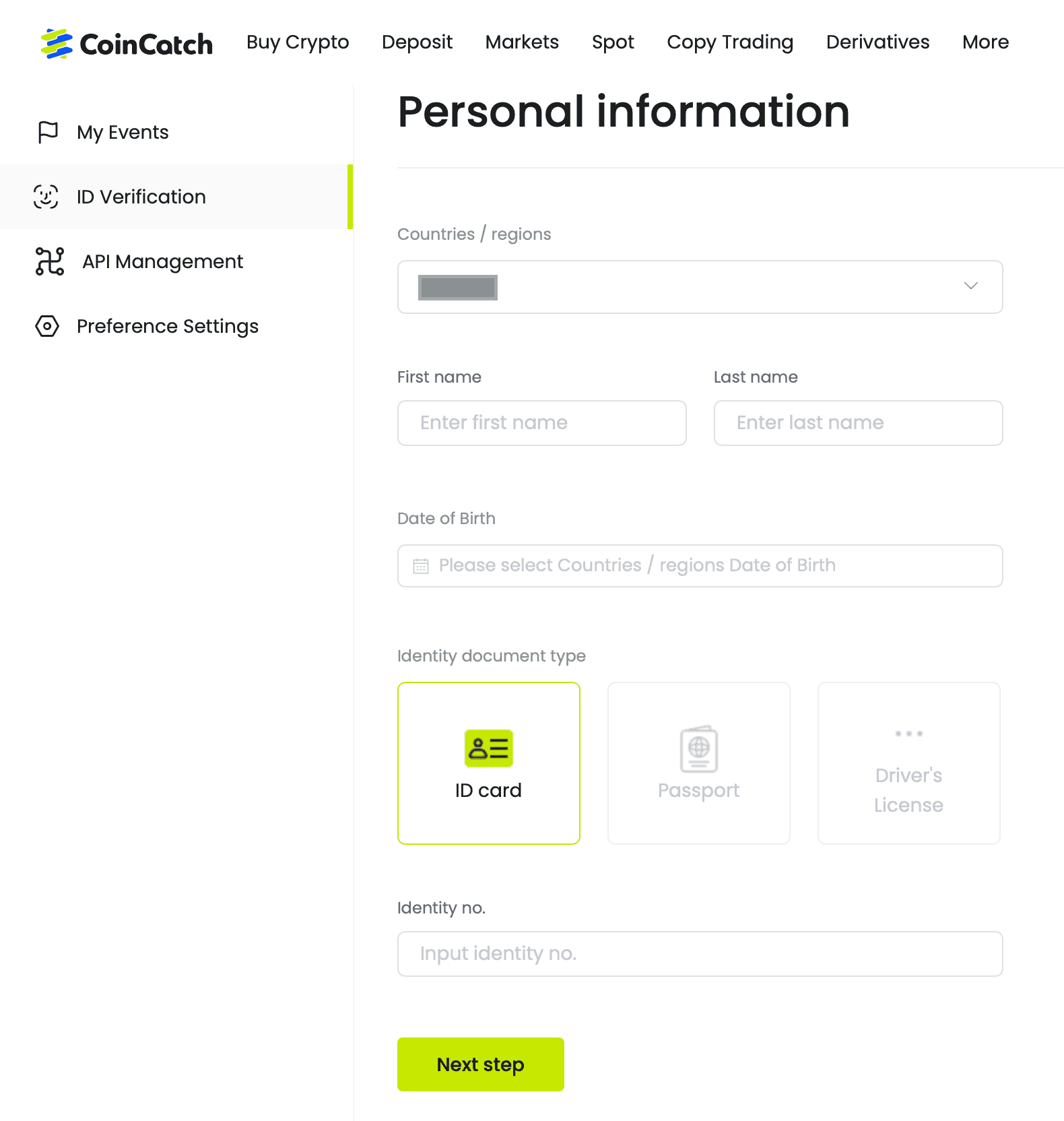 CoinCatch ID Verification Fields