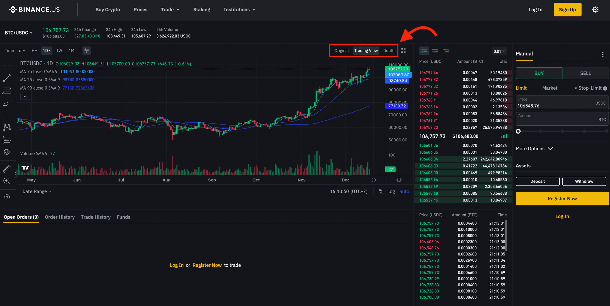 Switching Between Original, TradingView, and Depth Chart Views on Binance US