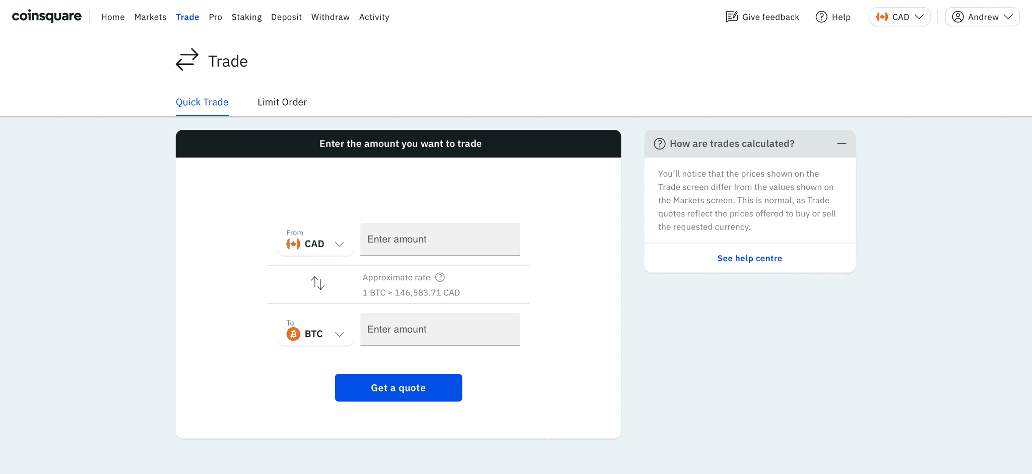 Trade Tab on Coinsquare