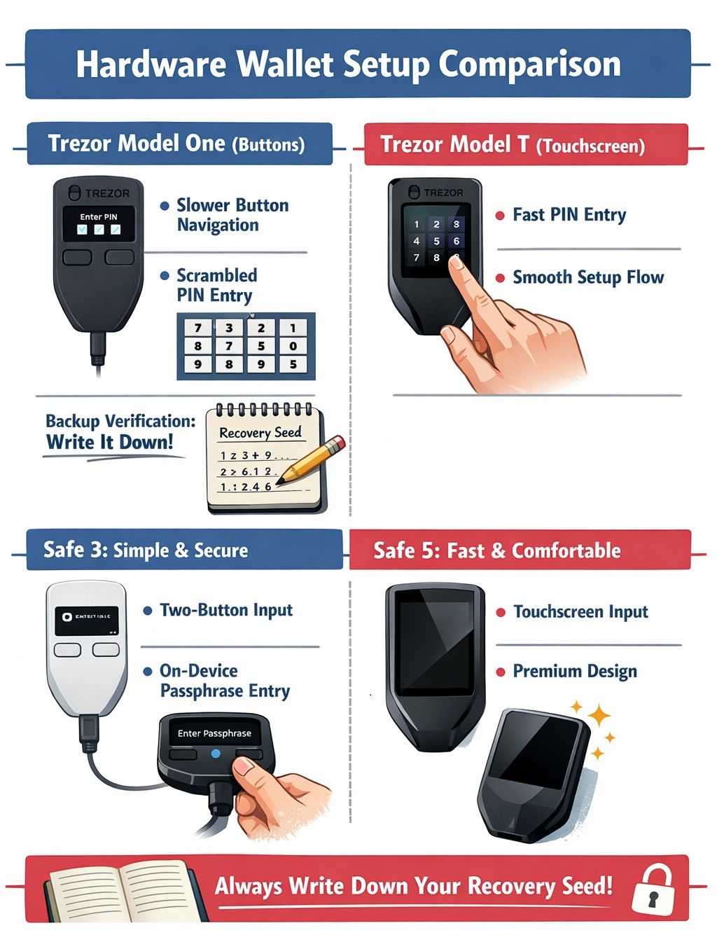Setup Experience: Trezor One vs Model T (And How Safe 3/5 Compare)